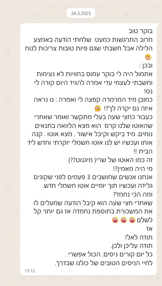 עדות בוואטסאפ: אחרי שאמרה לעצמה ״היום קורה לי נס״, בעלה קיבל אישור הלוואה לאוטו חשמלי חדש והעלאה במשכורת